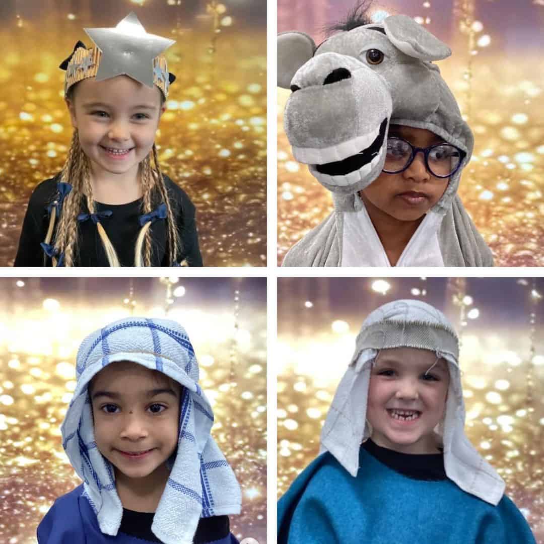 Images of pupils in nativity costumes